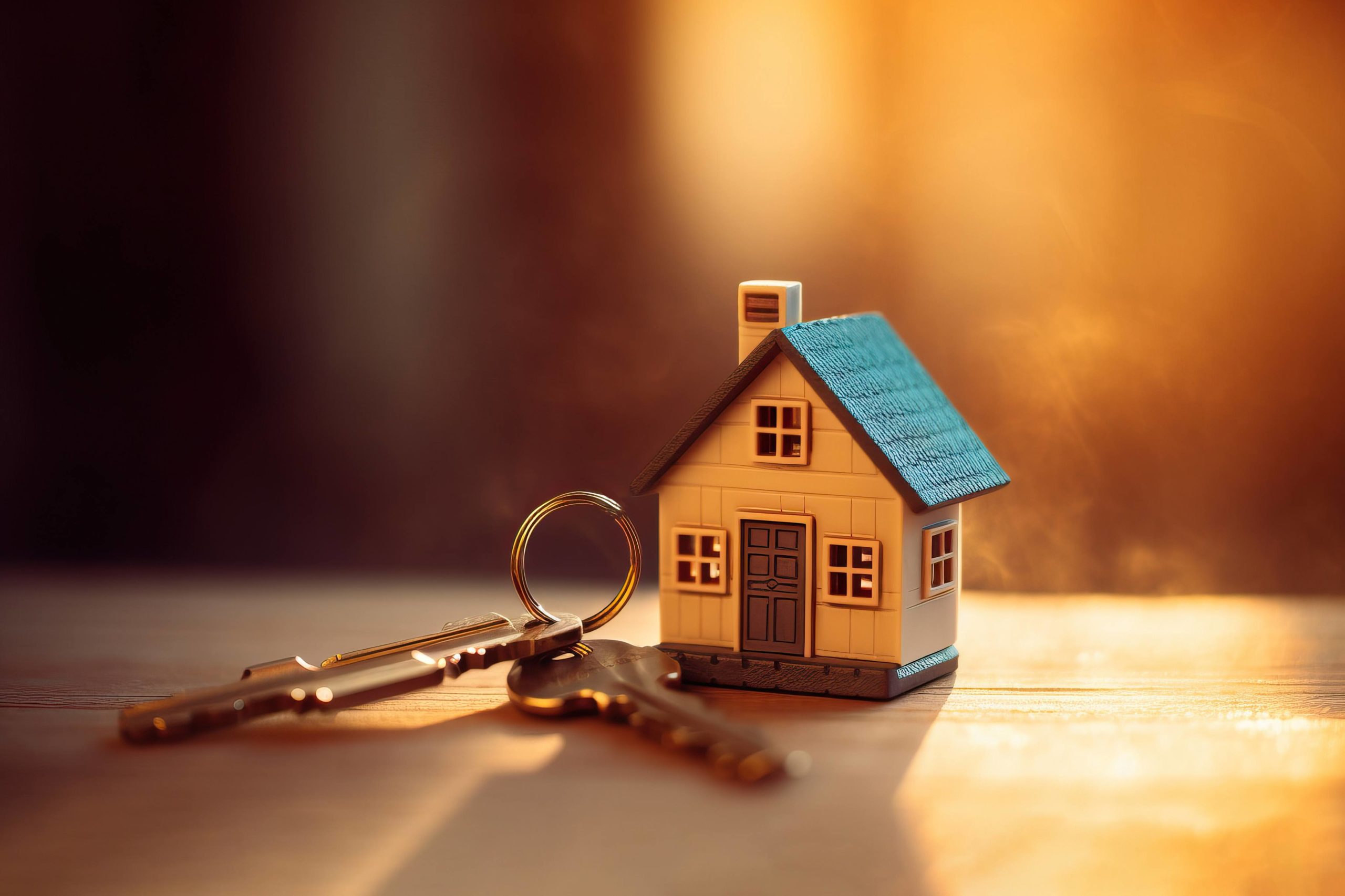 Key with a house shape keychain in the door keyhole Generative A